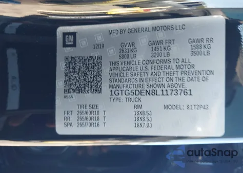 2020 GMC Canyon 2Wd Short Box Slt z USA, uszkodzony, nr VIN 1GTG5DEN8L1173761